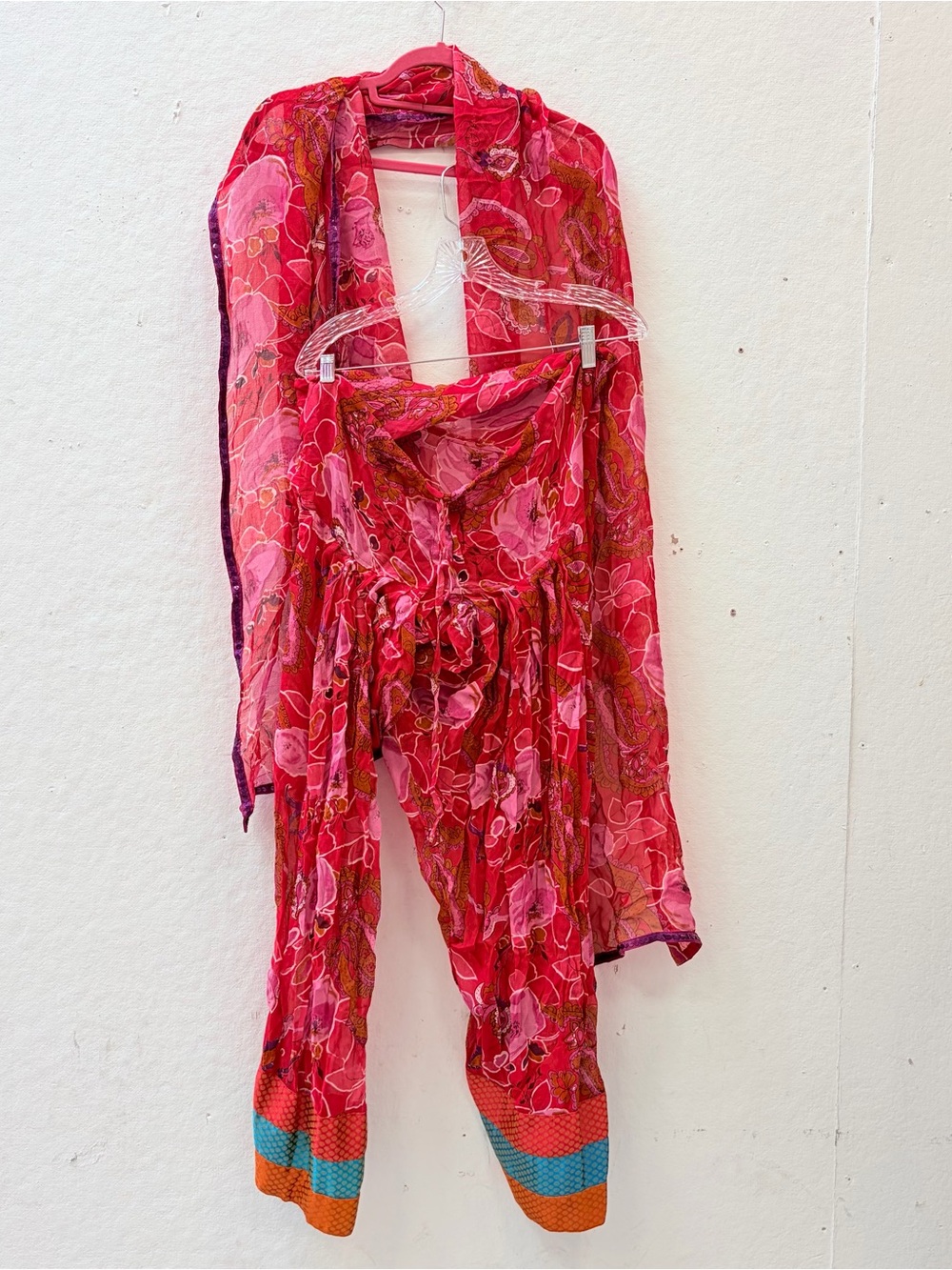 Vibrant Pink Floral Indian Mesh Pant Set with Sequin Scarf